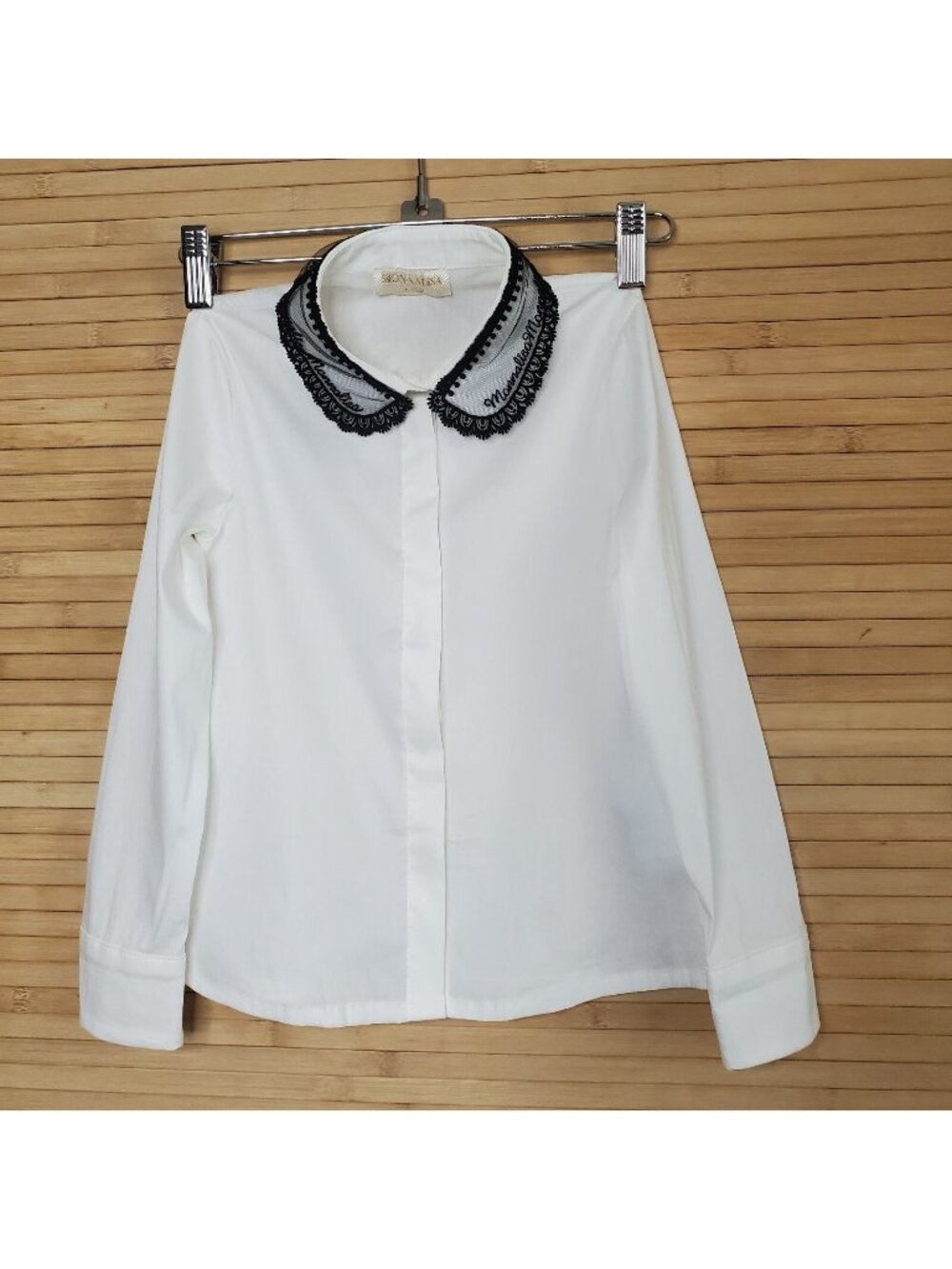 Monnalisa Girls dressy blouse Black lace collar signature poplin sz 5 boutique